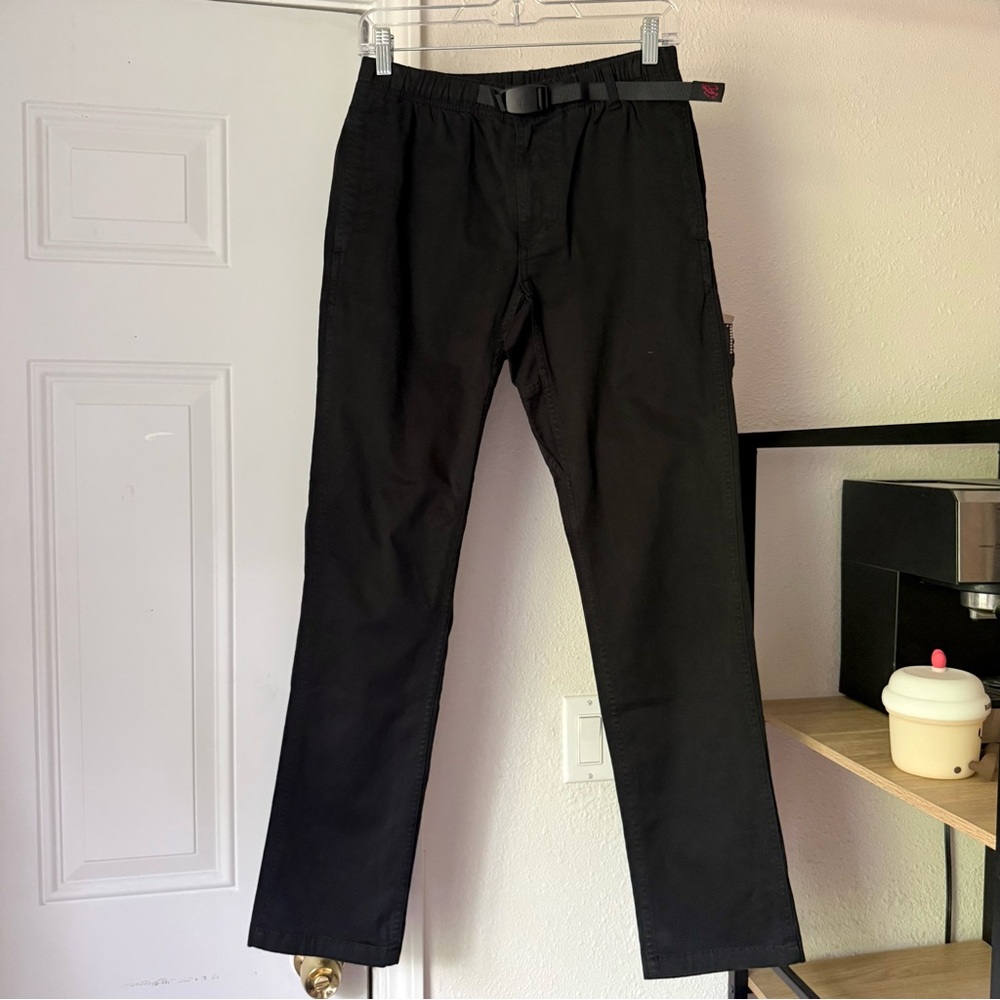 GRAMICCI‎ black cotton denim slim straight leg belted pants
